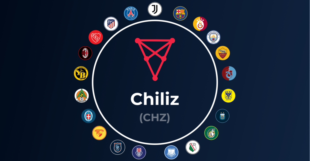 لوگو چیلیز به همراه تیم‌های تحت پشتیبانی در پس زمینه تیره | ارز چیلیز CHZ چیست؟