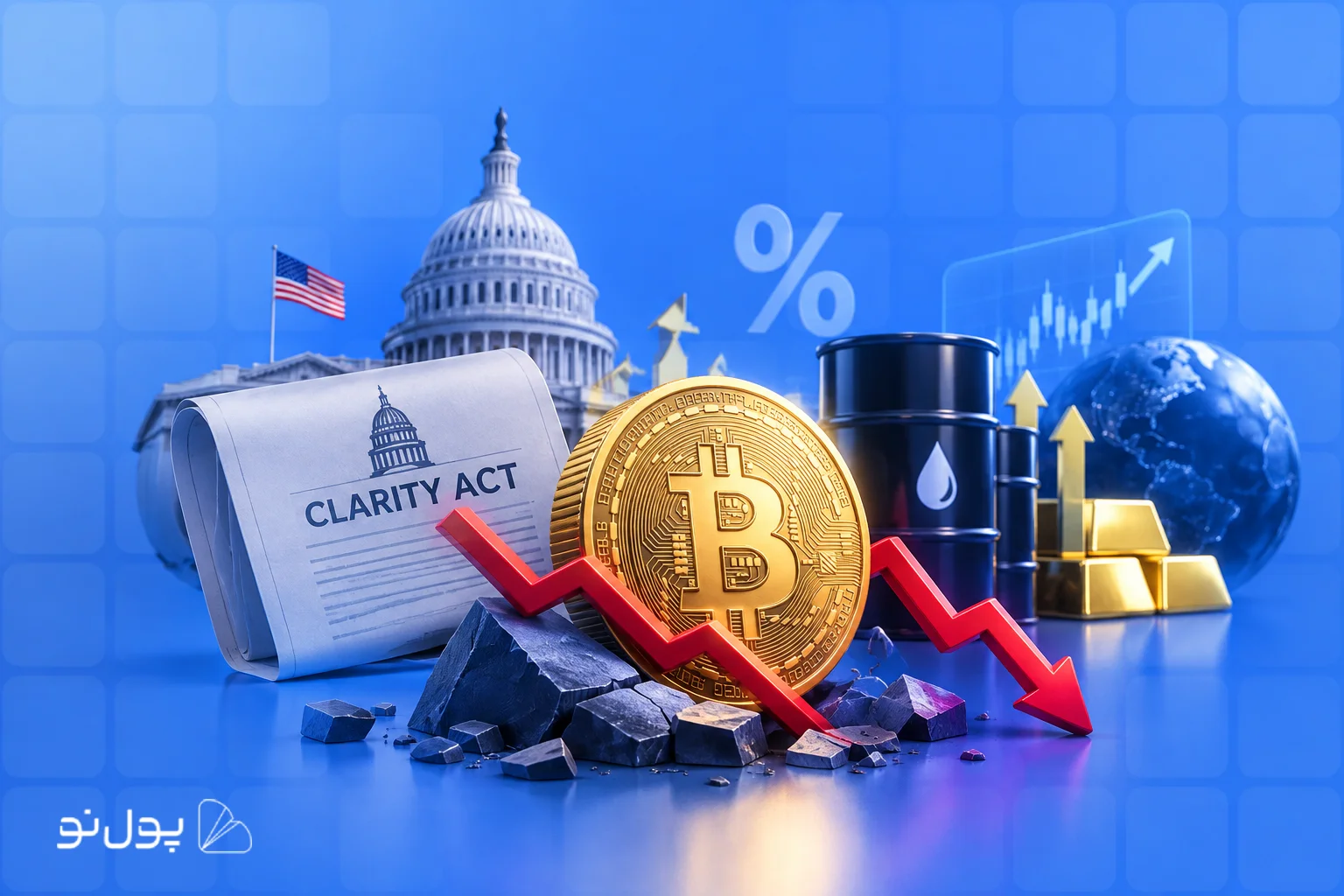 عقب‌نشینی قیمتب یت کوین پس از بن‌بست طرح CLARITY و افزایش بازدهی اوراق خزانه آمریکا